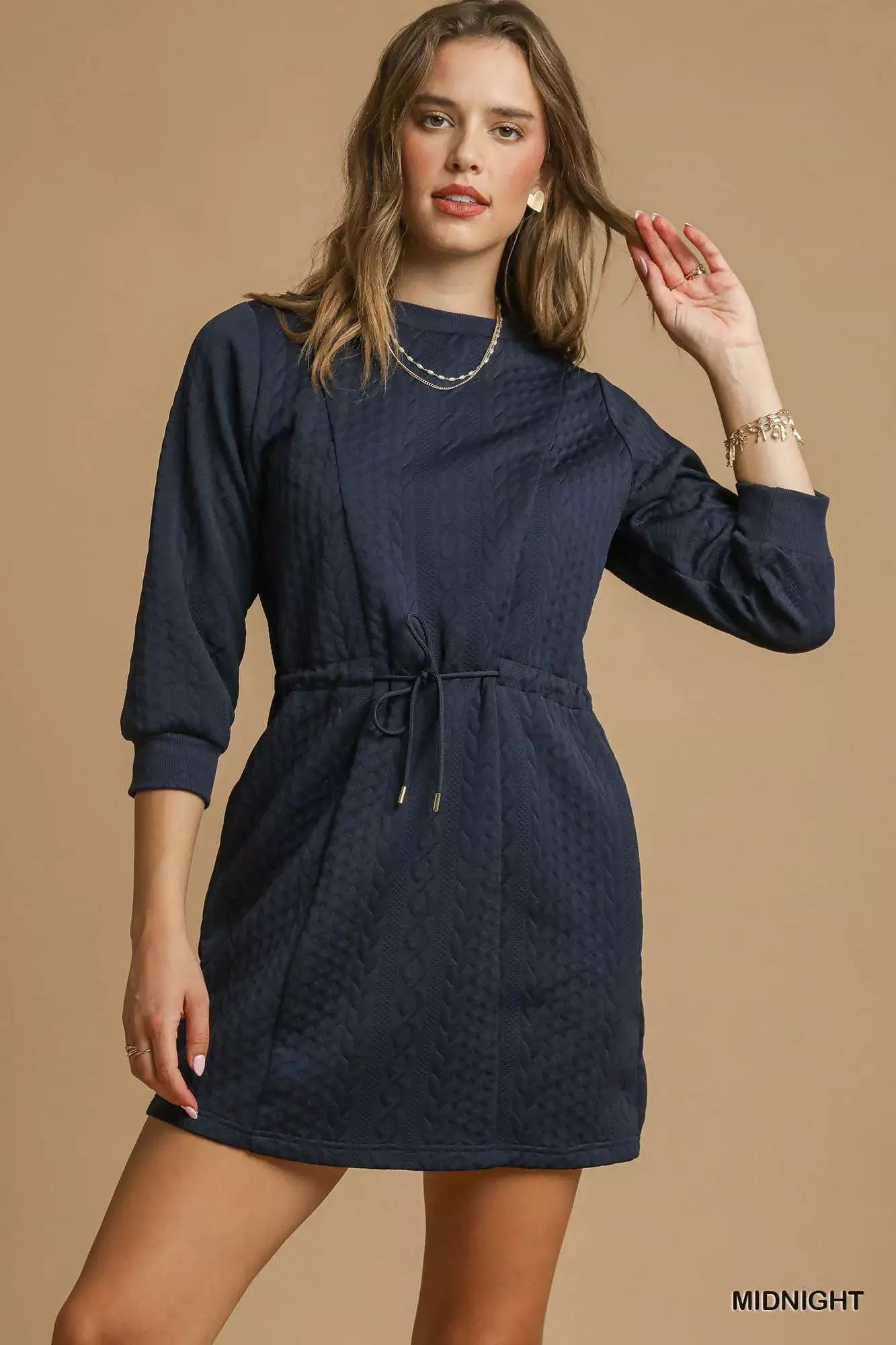Umgee Drawstring Cable Knit Mini Dress with Pockets - Trendsi - Flyclothing LLC