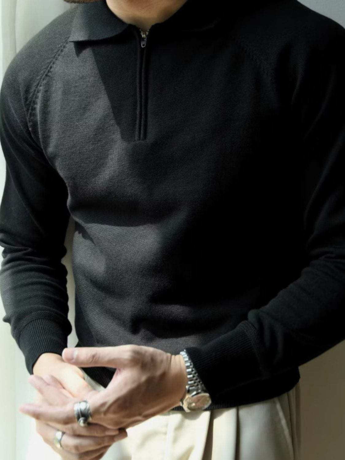 Men's Plus Size Quarter Zip Raglan Sleeve Polo - Trendsi - Flyclothing LLC