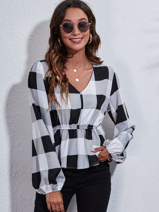 Ruched Printed V-Neck Long Sleeve Blouse - Trendsi