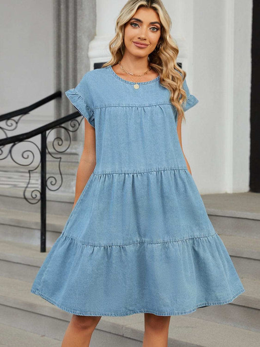 Tiered Round Neck Short Sleeve Denim Dress - Trendsi - Flyclothing LLC