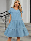 Tiered Round Neck Short Sleeve Denim Dress - Trendsi