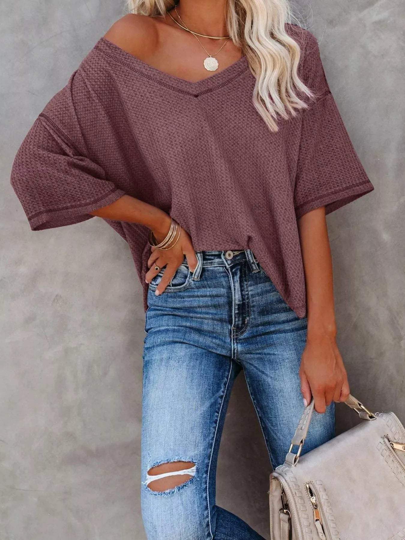 Waffle Knit V-Neck Short Sleeve T-Shirt - Trendsi - Flyclothing LLC
