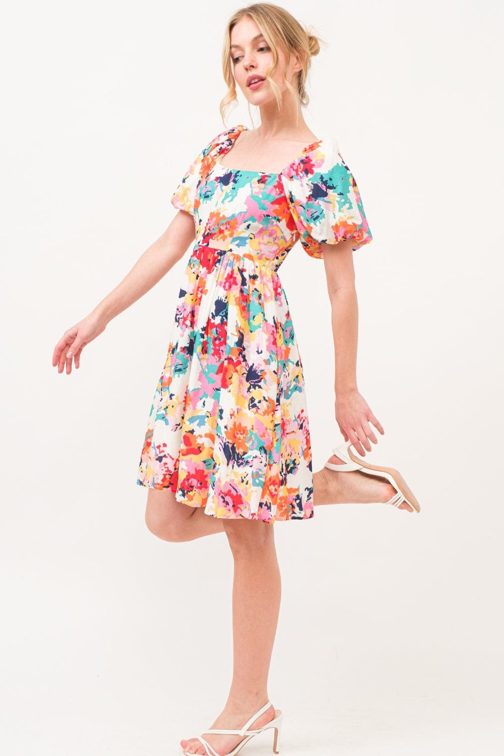 And The Why Square Neck Puff Sleeve Floral Dress - Trendsi