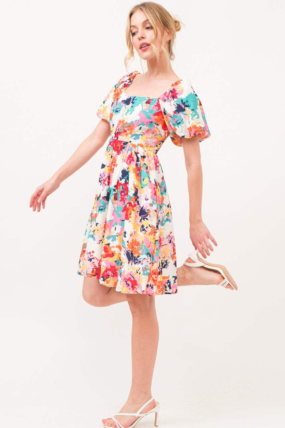 And The Why Square Neck Puff Sleeve Floral Dress - Trendsi - Flyclothing LLC