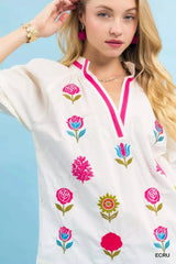 Umgee Embroidered Floral Top with Contrast Trim - Trendsi - Flyclothing LLC