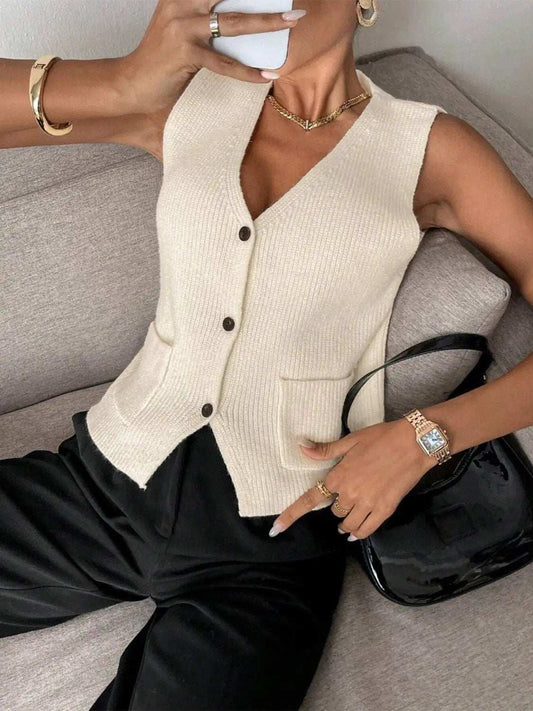 V-Neck Button Down Sweater Vest - Trendsi - Flyclothing LLC