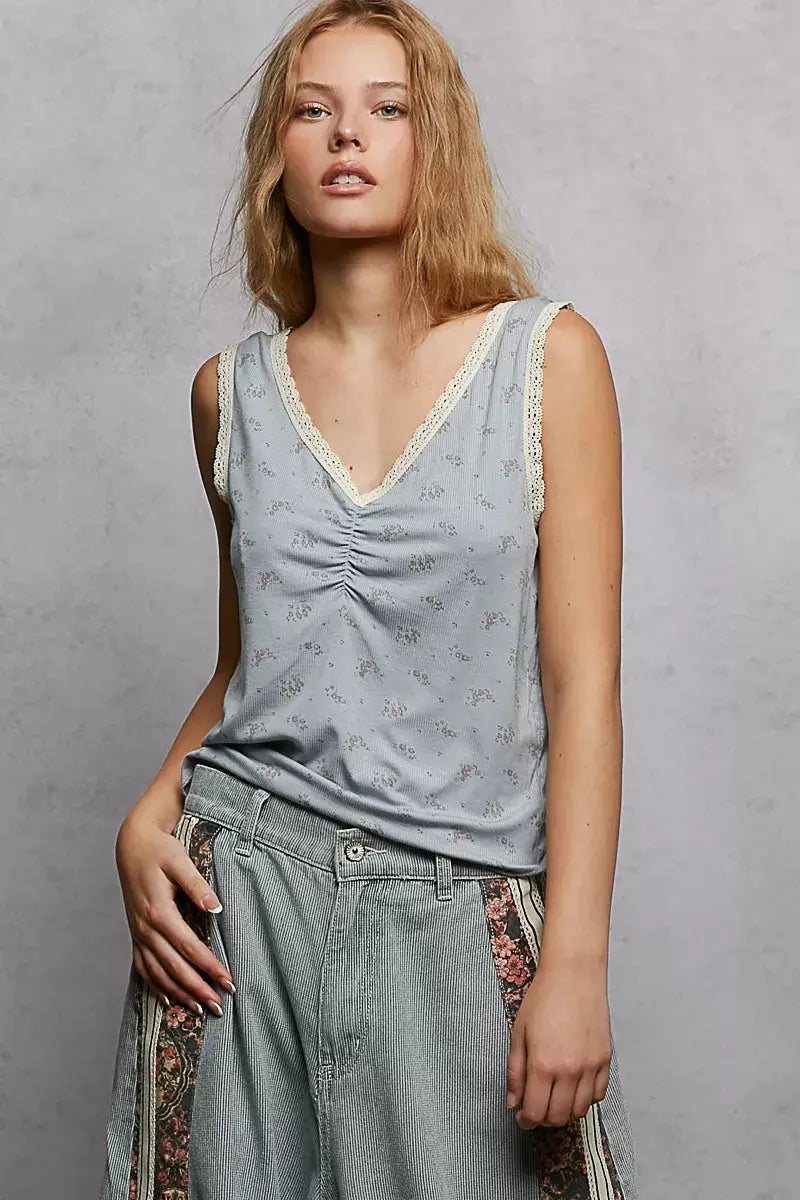 POL Ruched Floral V-Neck Tank with Lace Detail - Trendsi - Flyclothing LLC
