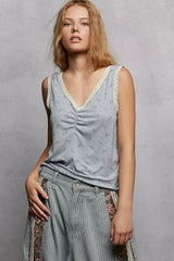 POL Ruched Floral V-Neck Tank with Lace Detail - Trendsi - Flyclothing LLC