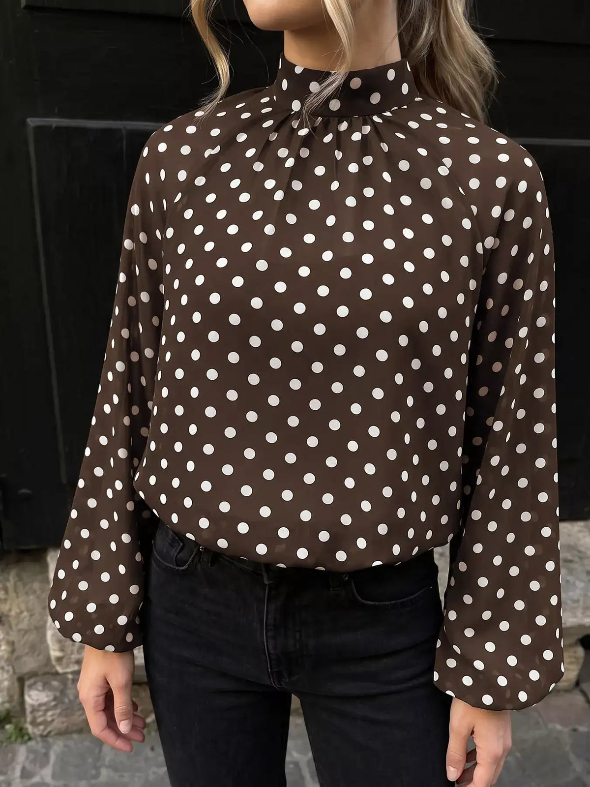Polka Dot Mock Neck Long Sleeve Blouse - Trendsi - Flyclothing LLC