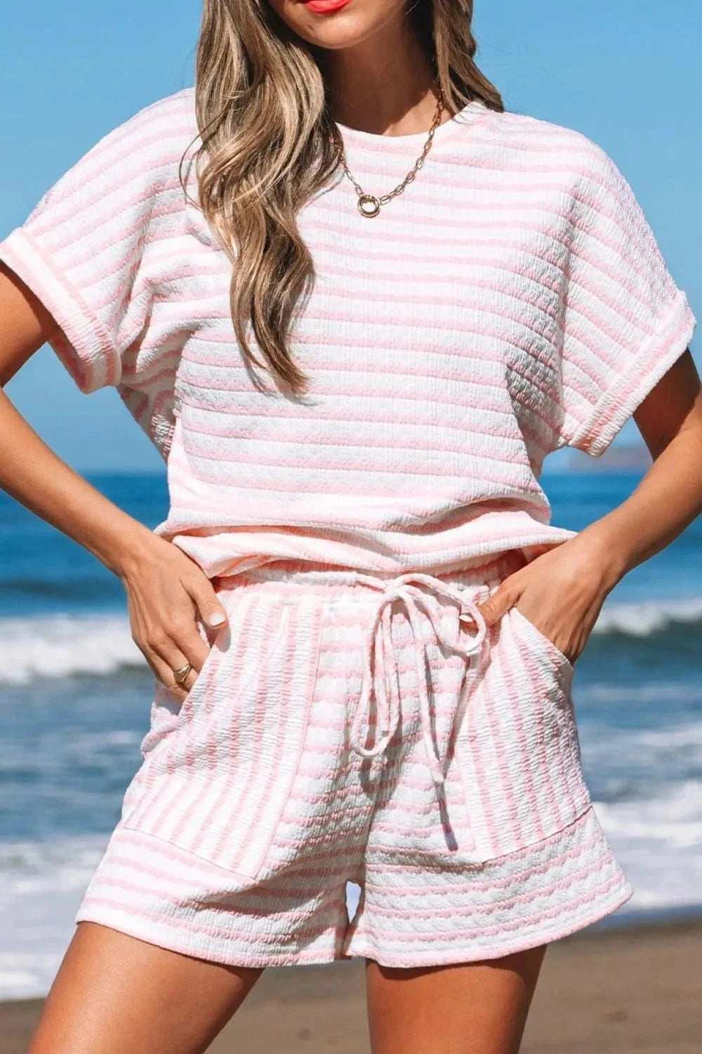 Stripe Knitted Short Sleeve Top and Drawstring Shorts Set - Trendsi - Flyclothing LLC