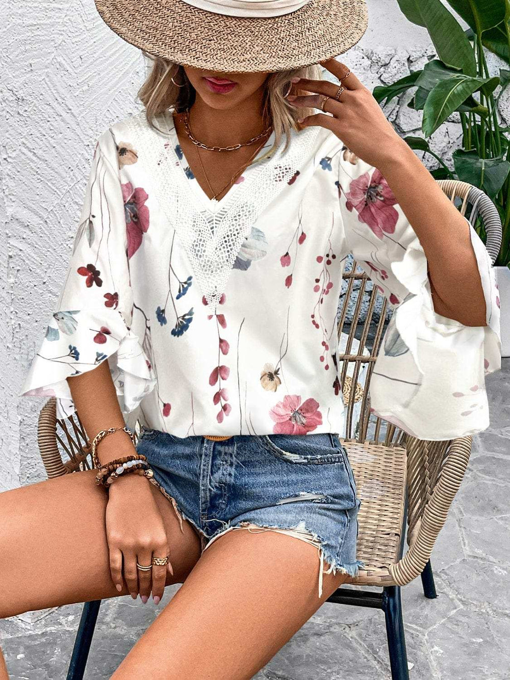 Ruffled Printed V-Neck Half Sleeve Blouse - Trendsi - Flyclothing LLC
