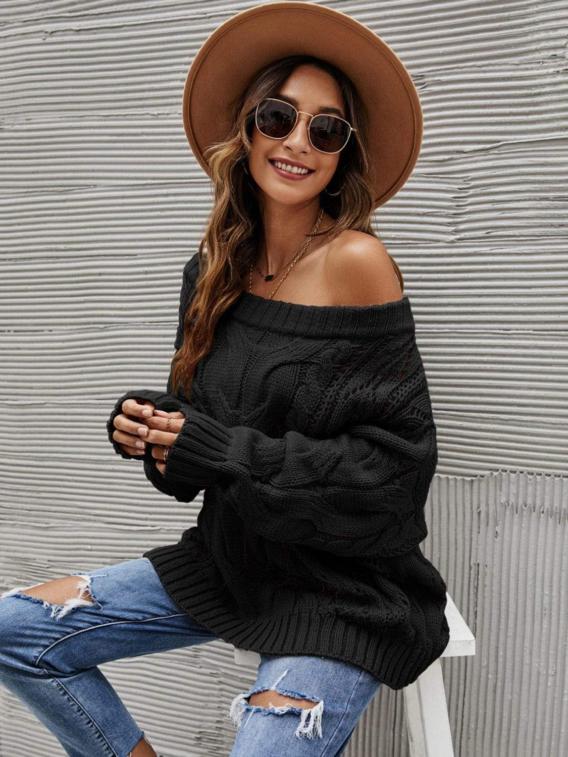 Cable Knit Openwork Off-Shoulder Sweater - Trendsi - Flyclothing LLC