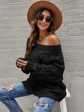 Cable Knit Openwork Off-Shoulder Sweater - Trendsi - Flyclothing LLC
