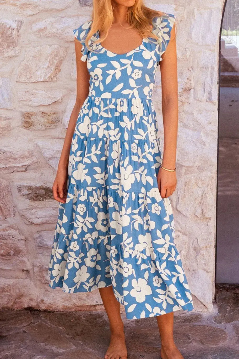 Floral Flutter Shoulder Tiered Flowy Midi Dress - Trendsi - Flyclothing LLC