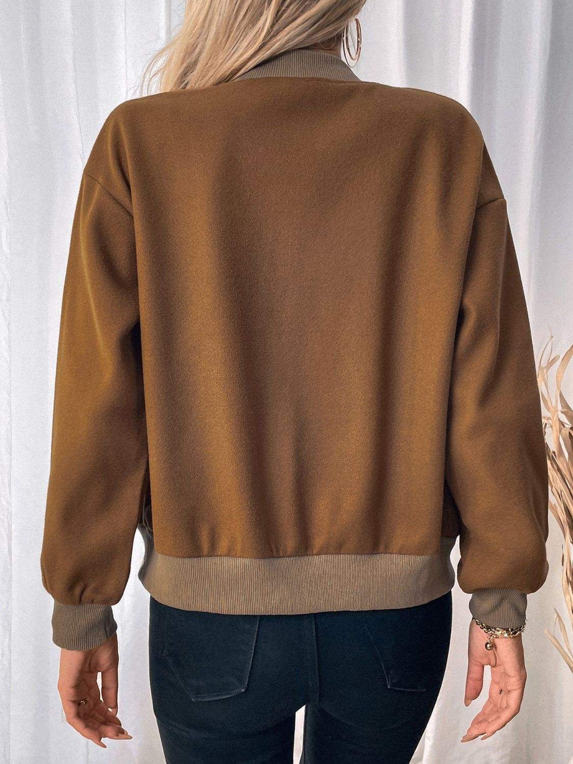 Perfee Baseball Collar Snap Down Long Sleeve Jacket - Trendsi - Flyclothing LLC