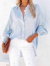 Striped Collared Neck Long Sleeve Shirt - Trendsi - Flyclothing LLC