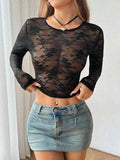 Round Neck Long Sleeve Lace Sheer Top - Trendsi - Flyclothing LLC