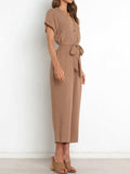 Notched Short Sleeve Tie Waist Jumpsuit - Trendsi - Flyclothing LLC