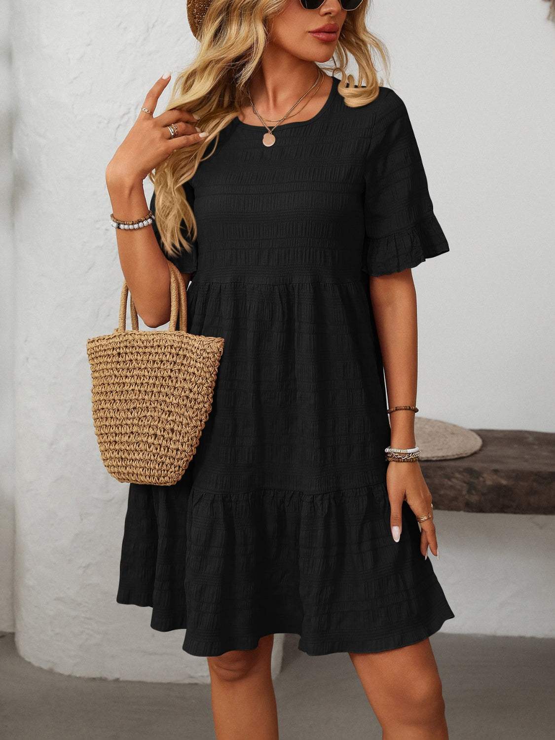 Mandy Ruffled Ruched Round Neck Half Sleeve Dress - Trendsi - Flyclothing LLC