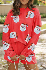 Sequin Santa Round Neck Long Sleeve Top and Shorts Set - Trendsi - Flyclothing LLC