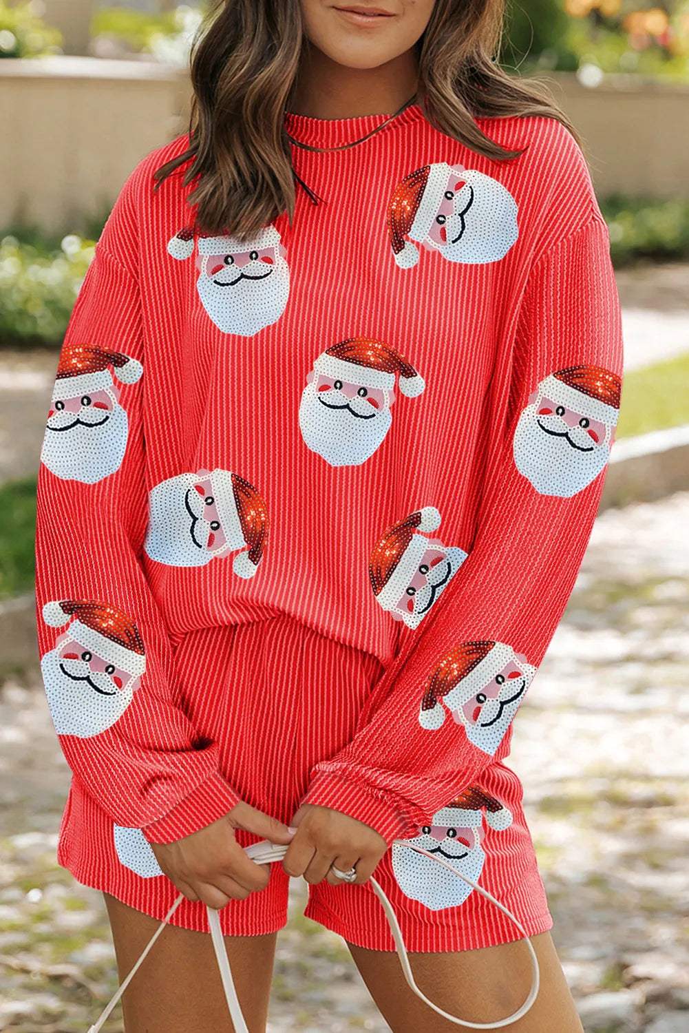 Sequin Santa Round Neck Long Sleeve Top and Shorts Set - Trendsi - Flyclothing LLC