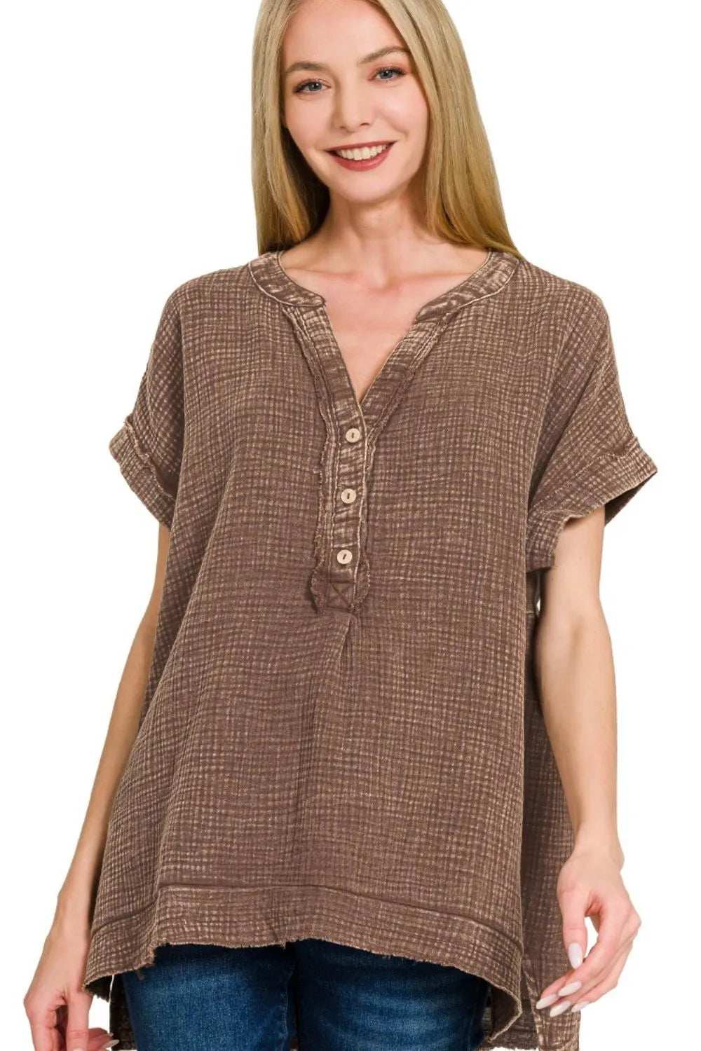 Zenana Washed Double Gauze 3/4 Button Henley Neck Shirt - Trendsi - Flyclothing LLC