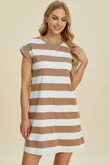 Basic Bae Full Size Striped Round Neck Cap Sleeve Mini Dress - Trendsi - Flyclothing LLC