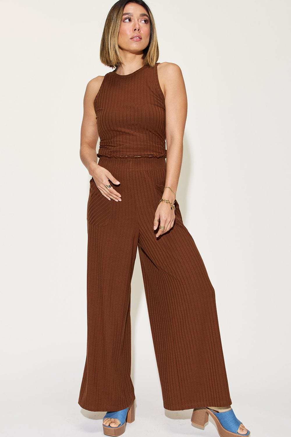 Basic Bae Full Size Ribbed Tank and Wide Leg Pants Set - Trendsi - Flyclothing LLC