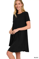Zenana Short Sleeve Round Hem A-line Dress with Side Pockets - Trendsi - Flyclothing LLC