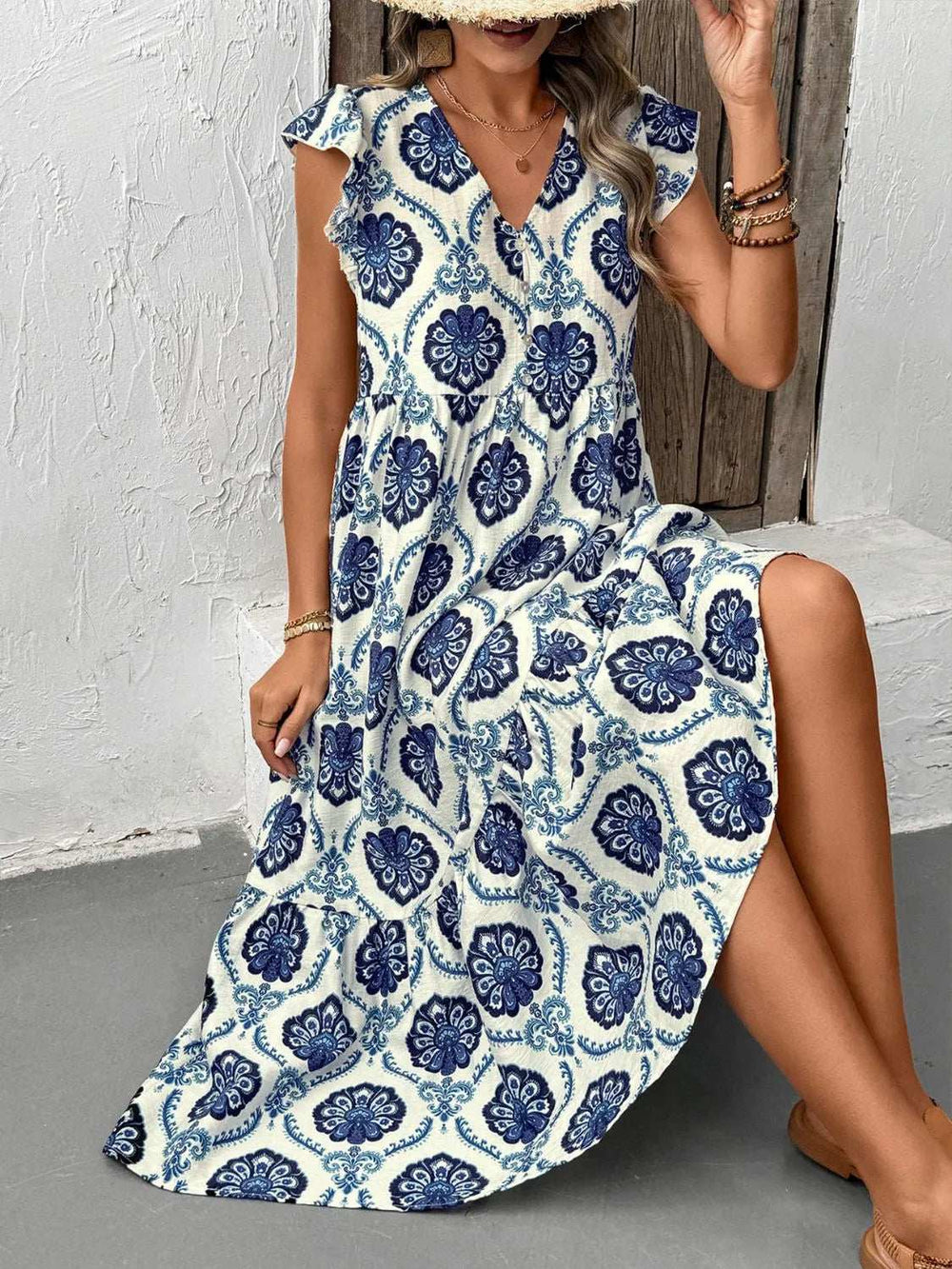 Printed V-Neck Cap Sleeve Dress - Trendsi - Flyclothing LLC