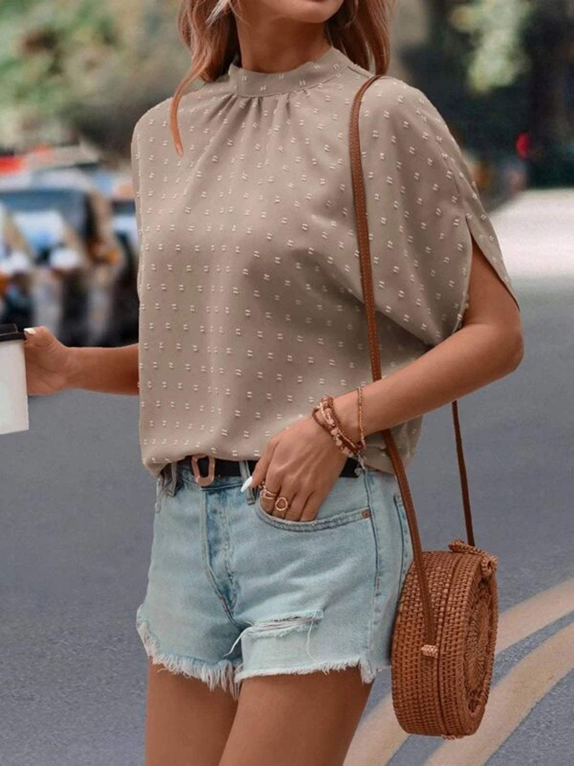 Swiss Dot Mock Neck Half Sleeve Blouse - Trendsi - Flyclothing LLC