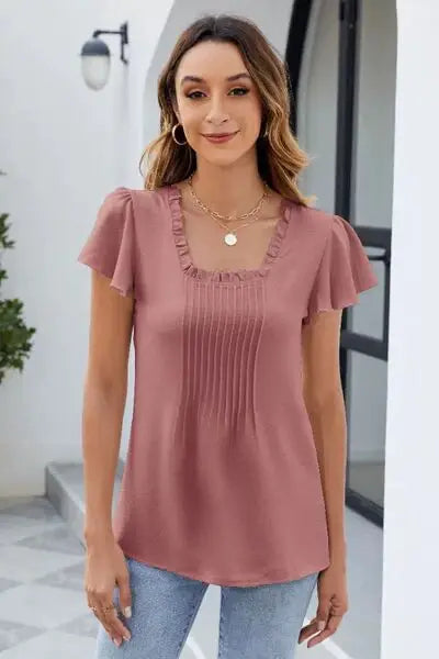 Frill Square Neck Flutter Sleeve Blouse - Trendsi - Flyclothing LLC