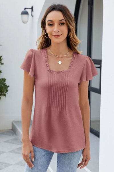 Frill Square Neck Flutter Sleeve Blouse - Trendsi - Flyclothing LLC