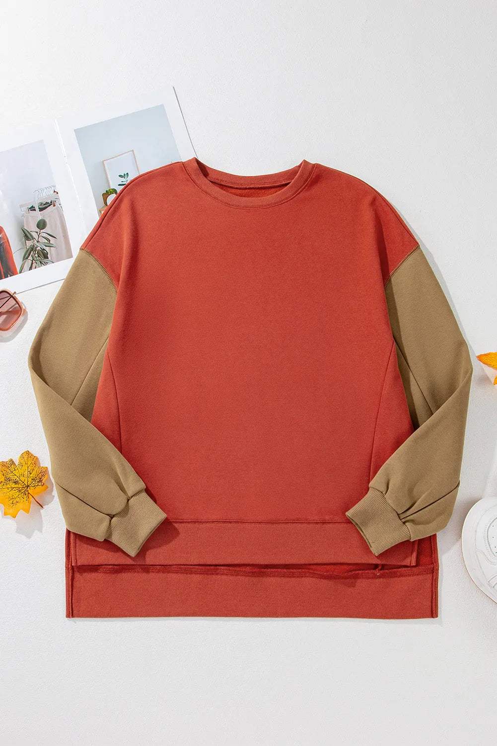 Contrast Round Neck Long Sleeve Sweatshirt - Trendsi - Flyclothing LLC