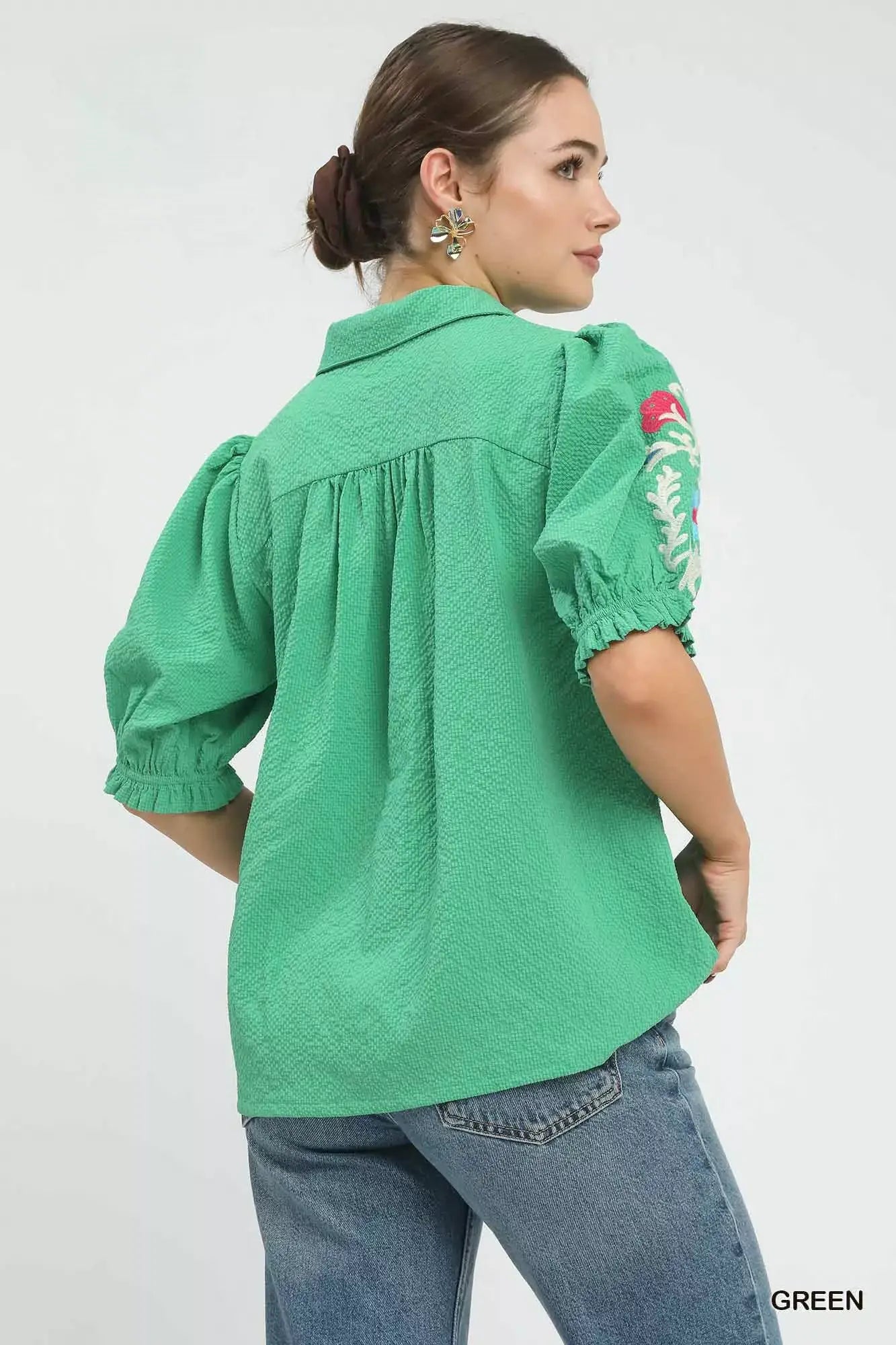 Umgee Seersucker Embroidered Sleeve Blouse - Trendsi - Flyclothing LLC