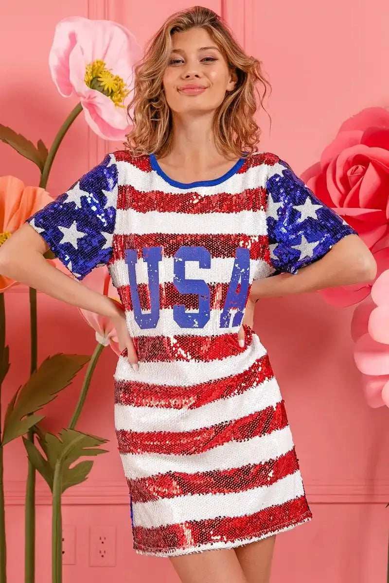 BiBi American Flag Theme Usa Print Sequin Dress - Trendsi - Flyclothing LLC