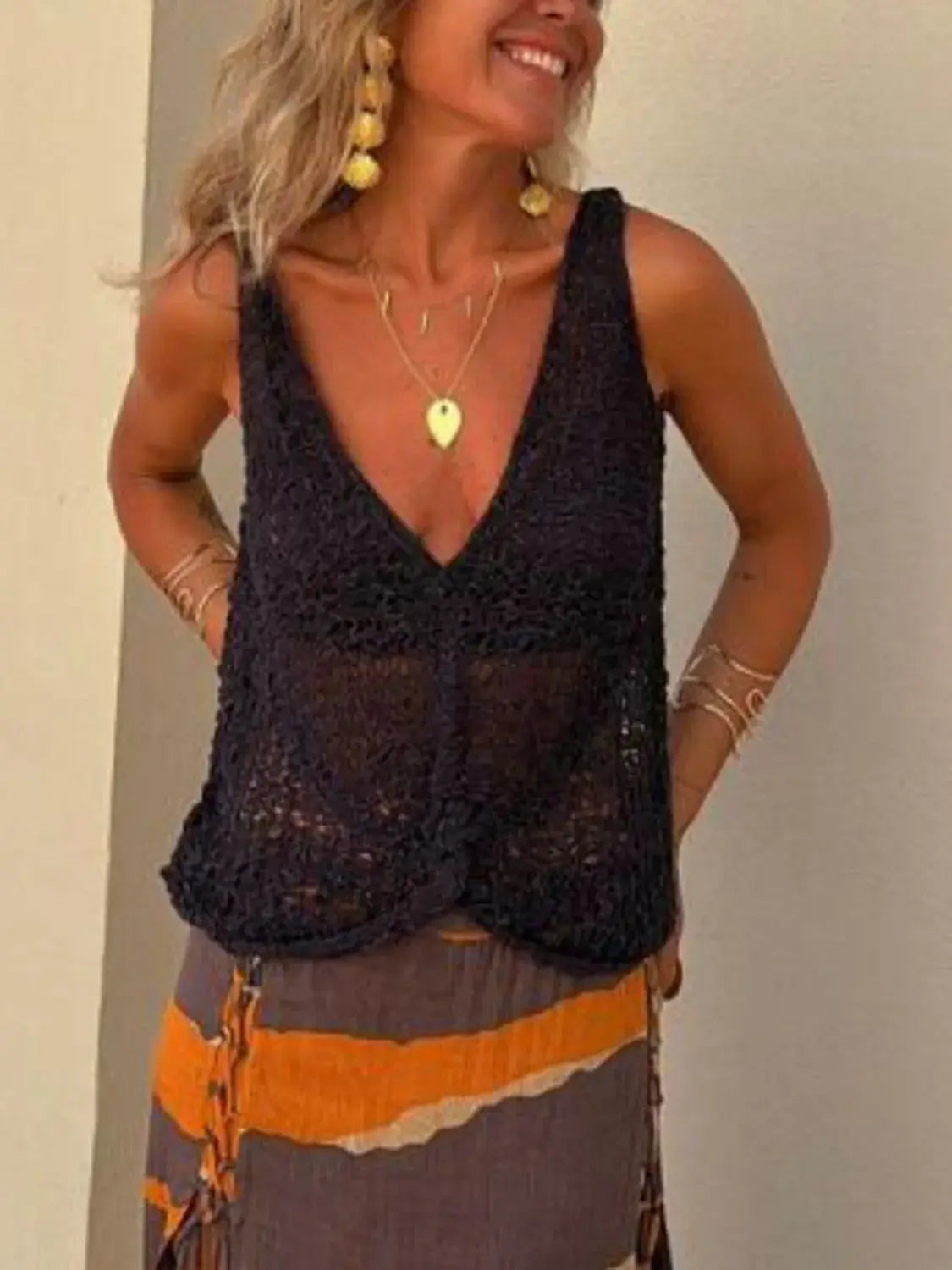 Openwork V-Neck Tank - Trendsi - Flyclothing LLC