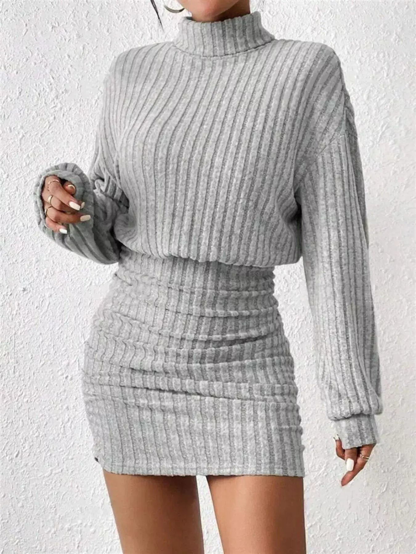 Ribbed Knit Turtleneck Bodycon Mini Dress - Trendsi - Flyclothing LLC