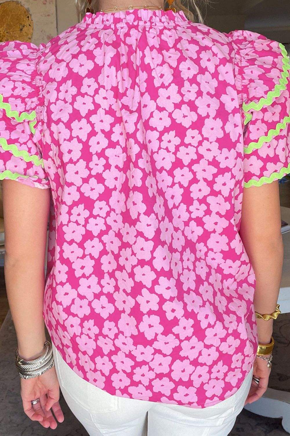 Printed V-Neck Flounce Sleeve Blouse - Trendsi - Flyclothing LLC