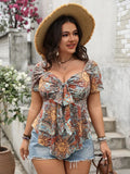 Plus Size Printed Sweetheart Neck Short Sleeve Blouse - Trendsi