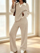 Striped Long Sleeve Polo and Wide-Leg Pants Set - Trendsi - Flyclothing LLC