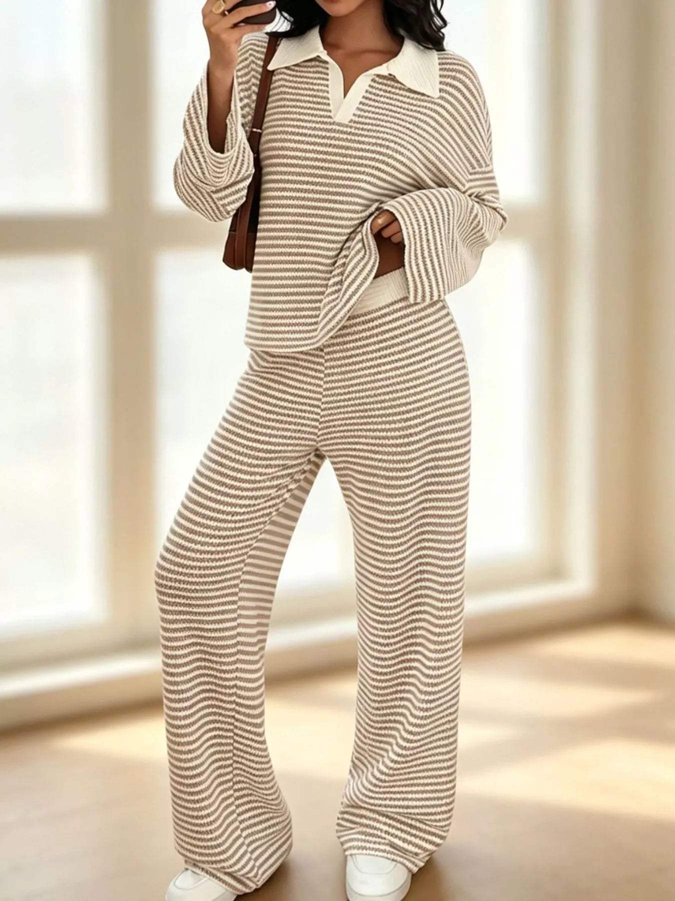 Striped Long Sleeve Polo and Wide-Leg Pants Set - Trendsi - Flyclothing LLC