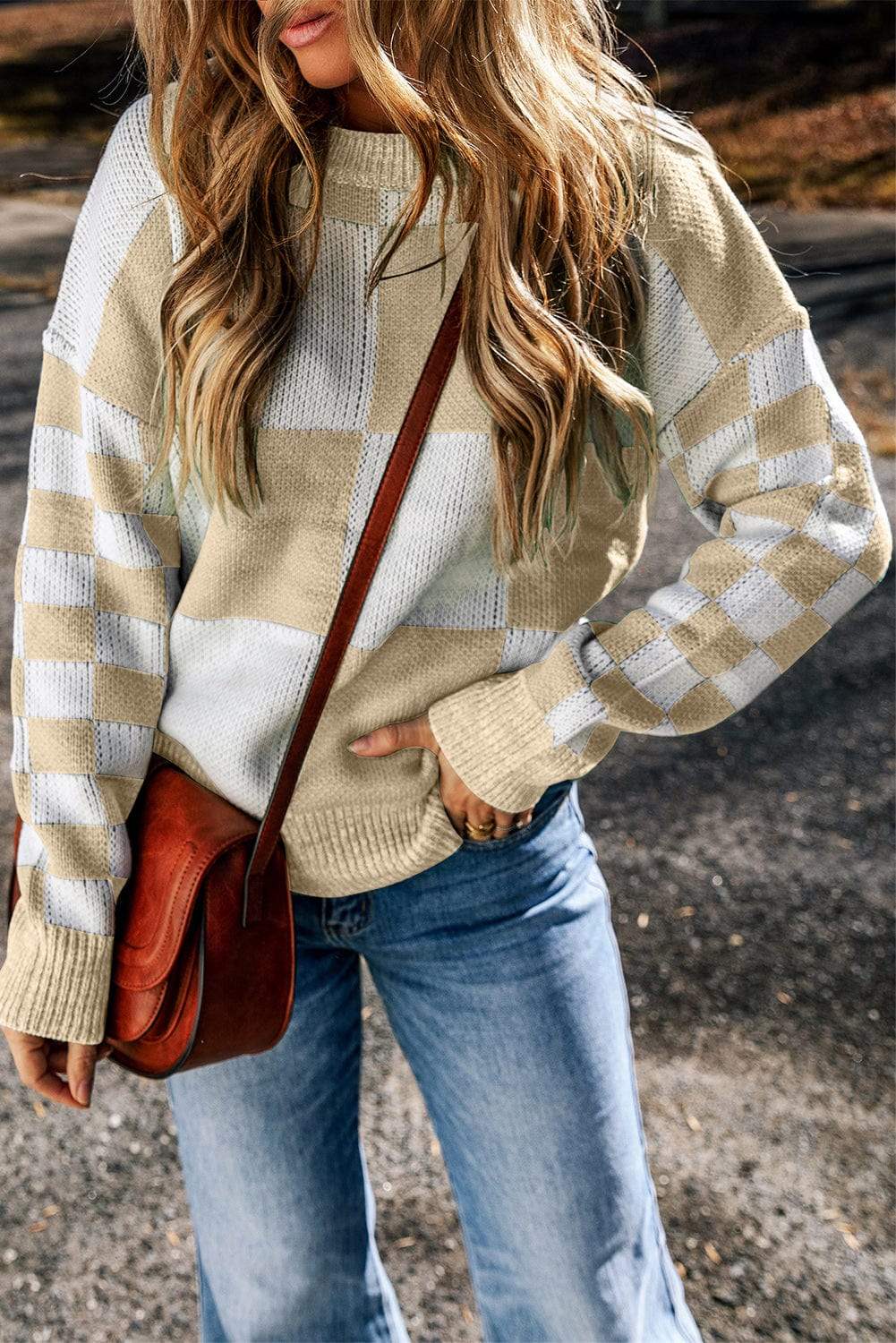 Checkered Round Neck Drop Shoulder Sweater - Trendsi - Flyclothing LLC