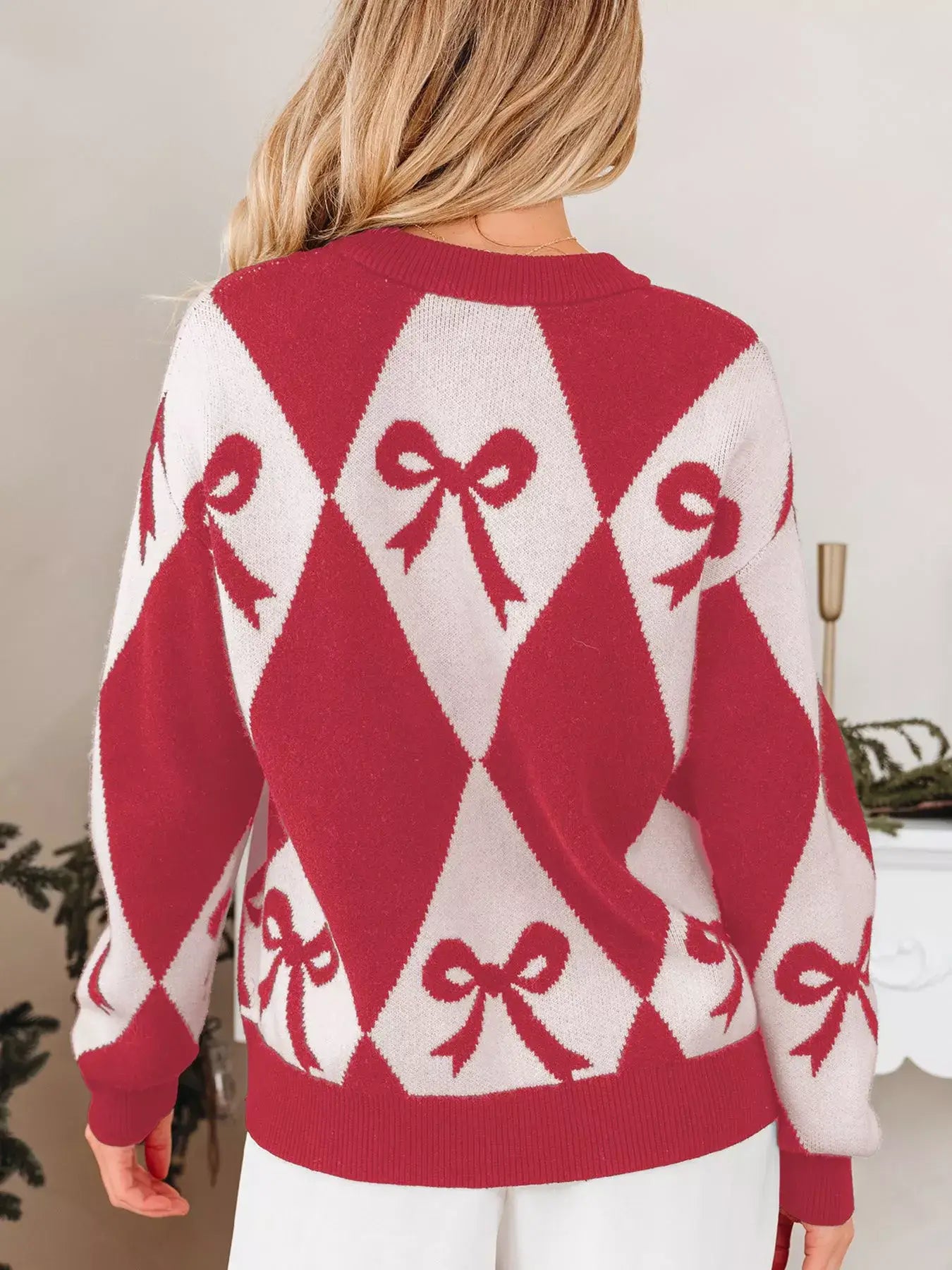 Bow Print 2-Tone Rhombus Knit Loose Sweater - Trendsi - Flyclothing LLC