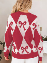 Bow Print 2-Tone Rhombus Knit Loose Sweater - Trendsi - Flyclothing LLC