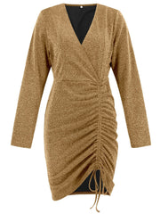 Ruched Heathered Surplice Long Sleeve Mini Dress - Trendsi