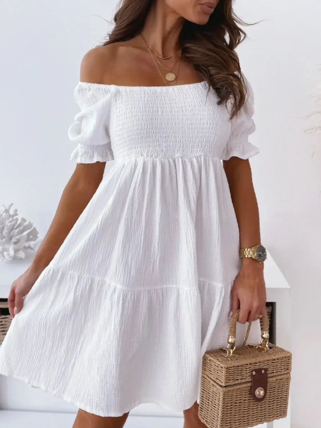 Smocked Off-Shoulder Mini Dress - Trendsi - Flyclothing LLC