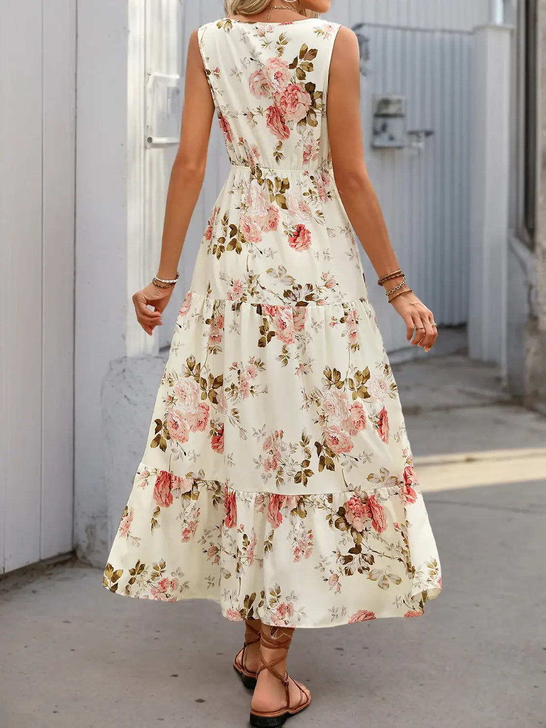 Printed Ruffled Hem V-Neck Sleeveless Dress - Trendsi - Flyclothing LLC