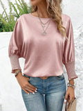 Smocked Round Neck Three-Quarter Sleeve Blouse - Trendsi - Flyclothing LLC