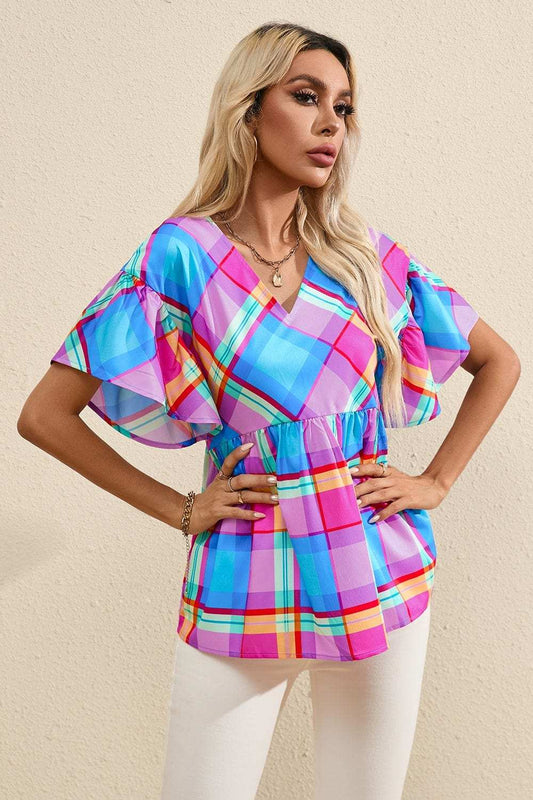 Plaid V-Neck Short Sleeve Blouse - Trendsi - Flyclothing LLC